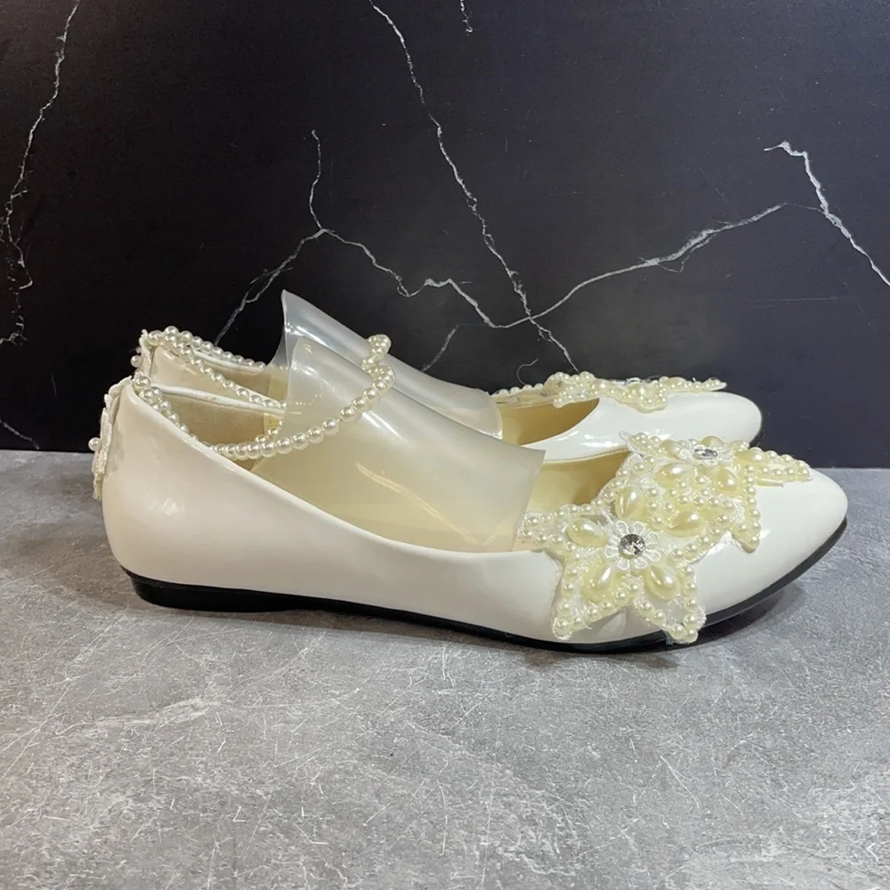Getmorebeauty Pearl Bows Bridal Flats White Size 9.5m - Picture 5 of 8
